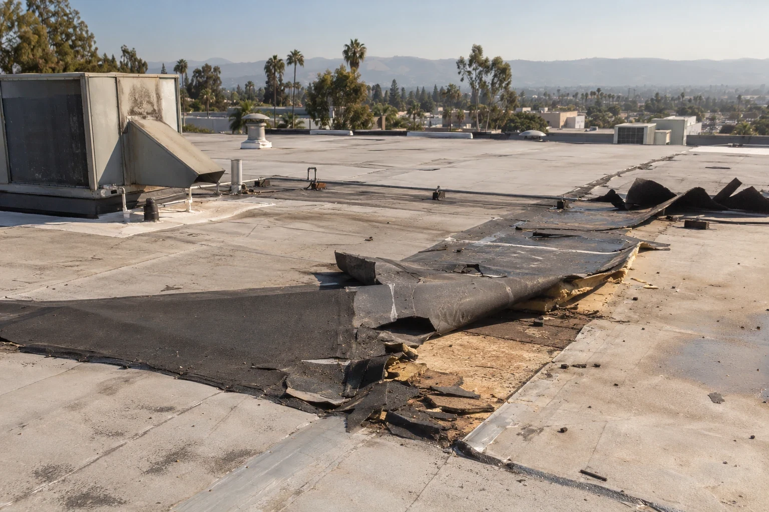 Wind-damaged commercial roof in Orange, CA